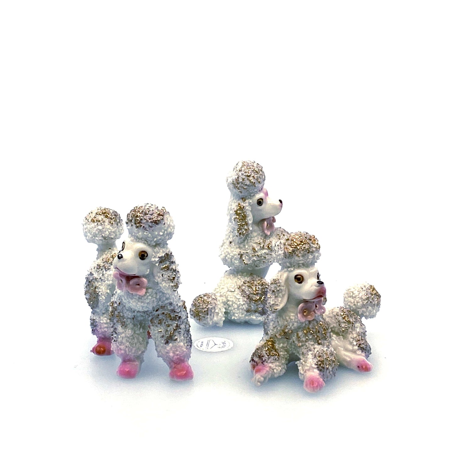 Vintage Poodles Figurines Set of 3 White Gold Spaghetti Style Japan