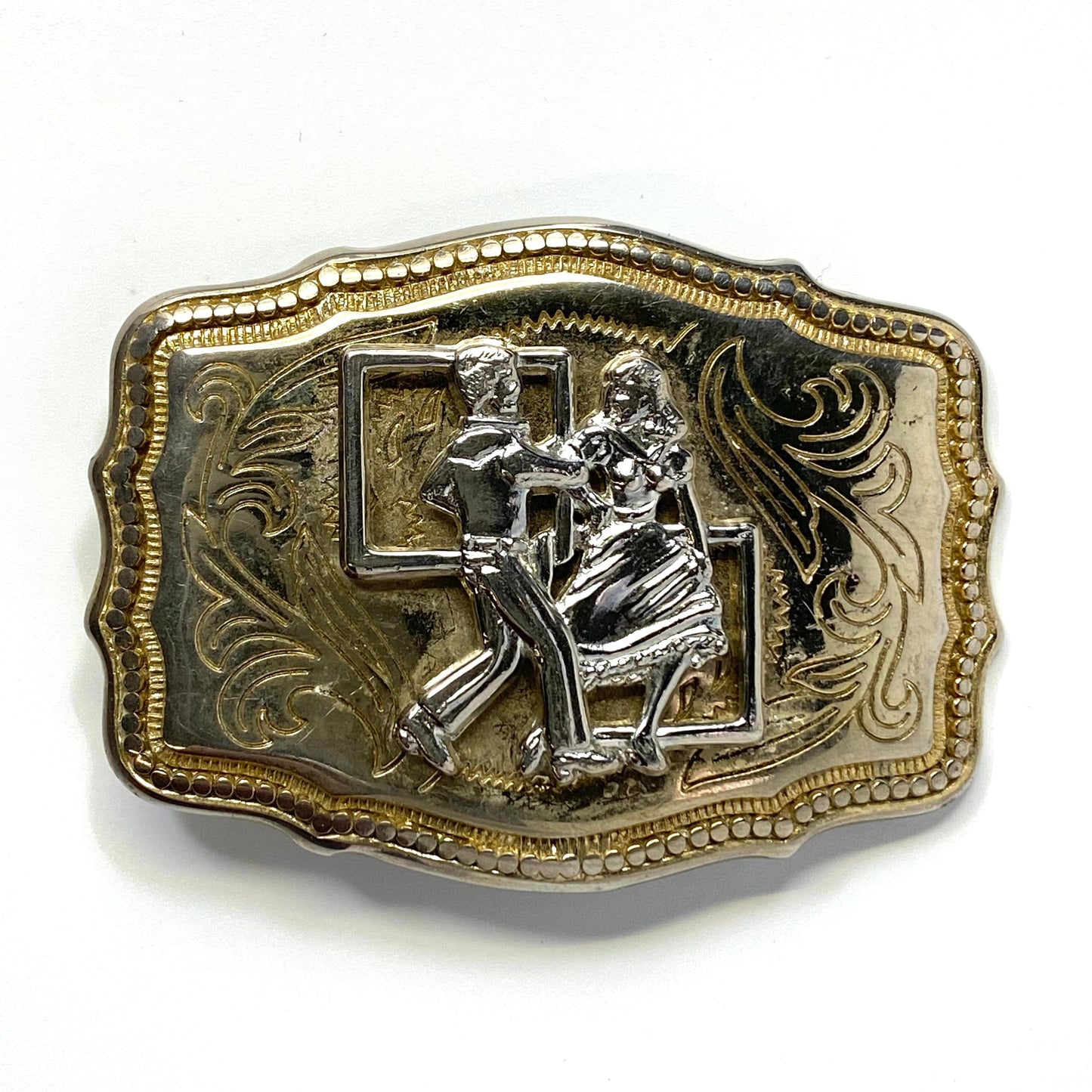 Vintage Square Dancing Goldtone Belt Buckle w/Silver Dancers