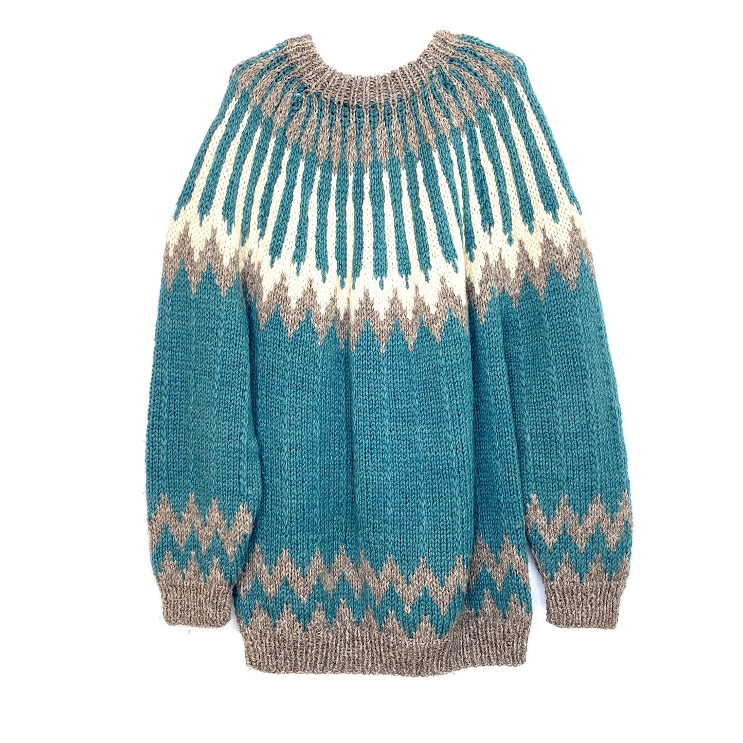 Vintage 1970’s Hand-Made Womens Size XL Pullover Wool Sweater Gray Teal Blue L/s