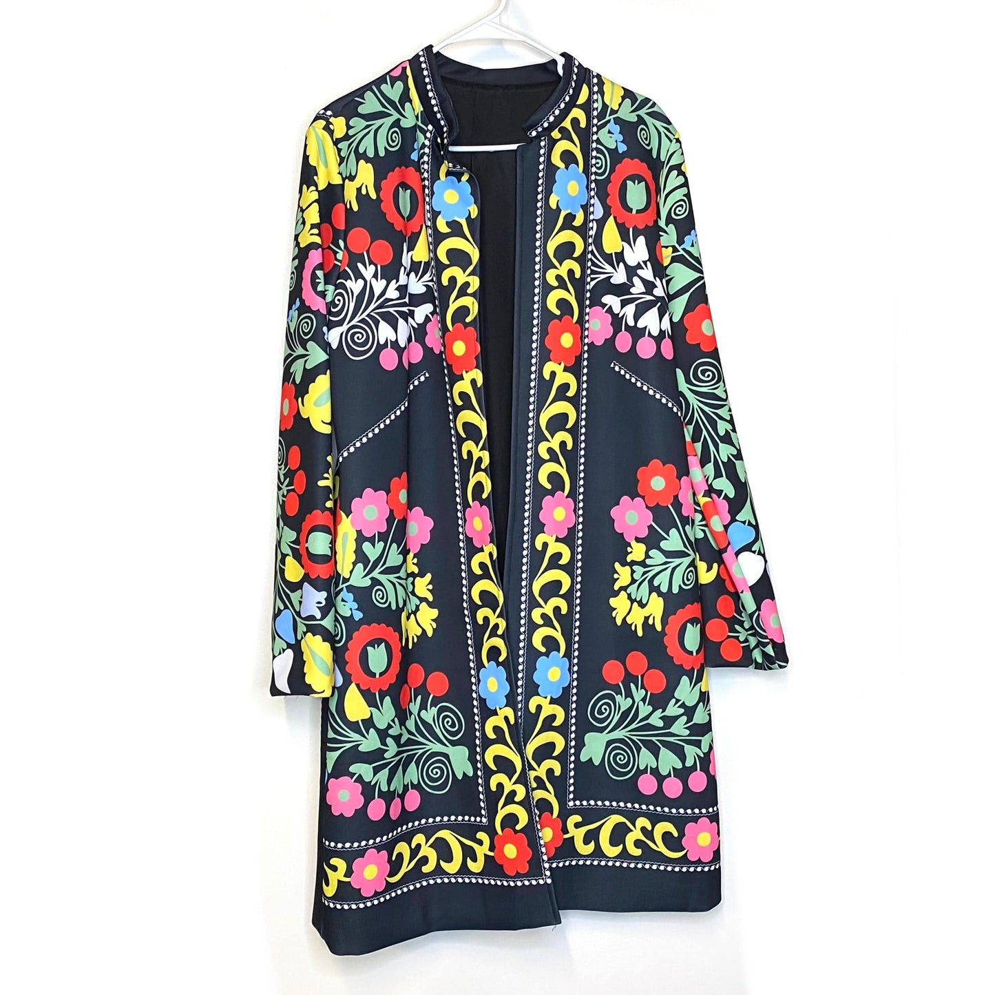 Retro FLORAL Jacket XXL Vintage 1970’s Style Black Yellow Orange Pink Green Blue