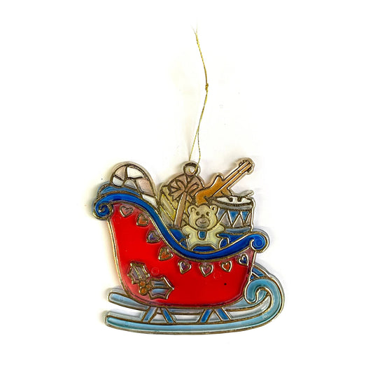 Vintage Santa’s Sleigh Stained Glass Style Acrylic Christmas Ornament Suncatcher 3”