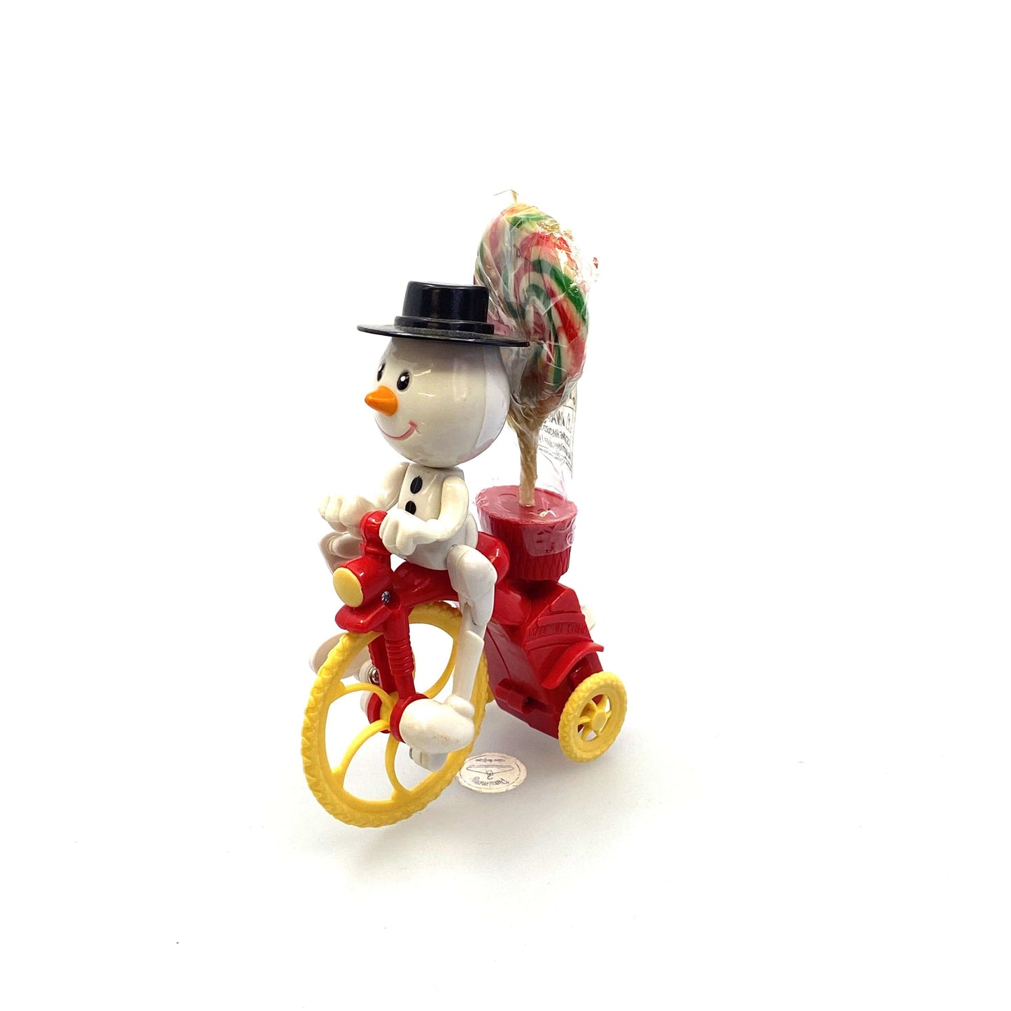 Vintage Stocking Stuffer Christmas Toy Wind-Up Snowman on Bicycle w/Candy*