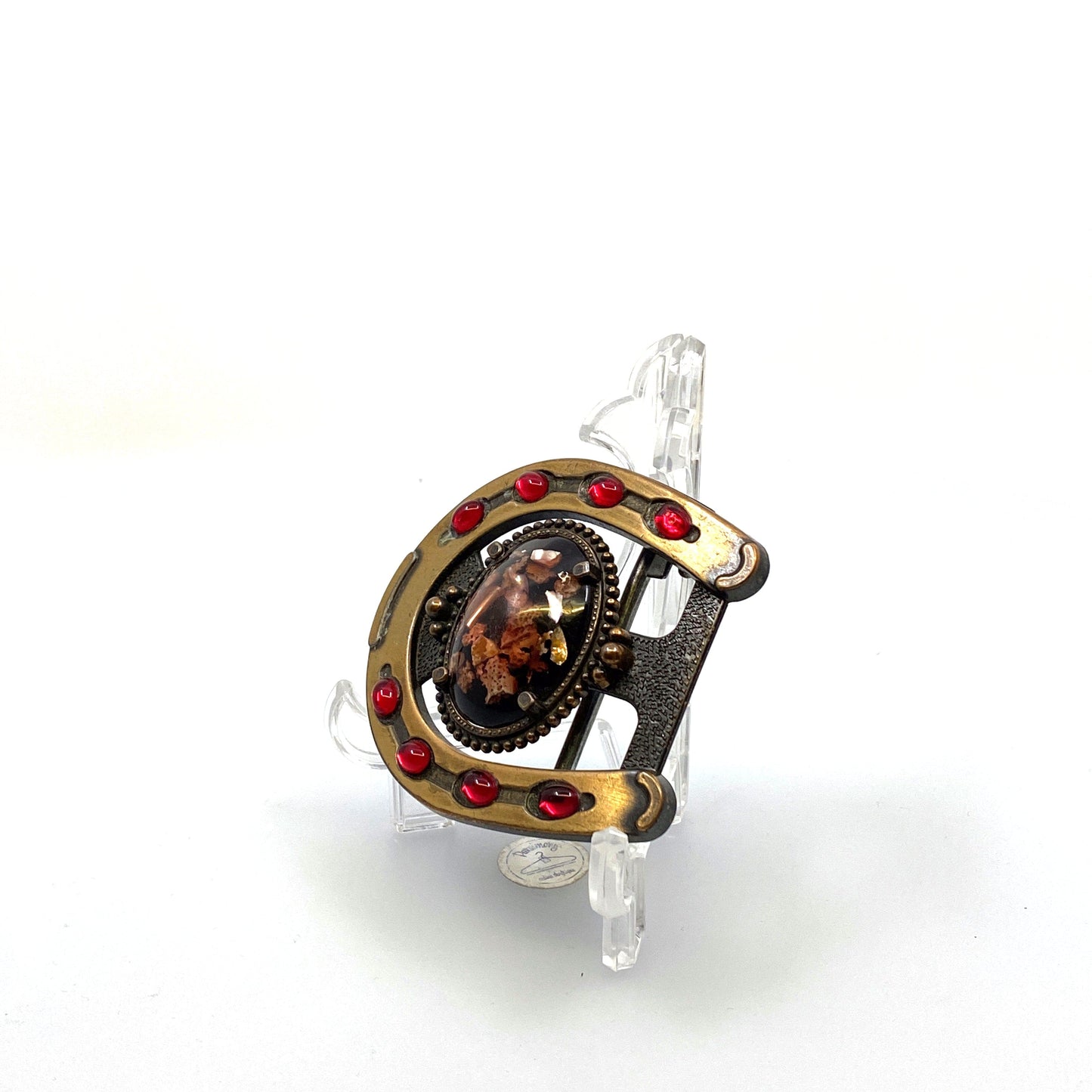 Lucky Horseshoe Womens Fashion Brass Belt Buckle 3” Red Gemstones