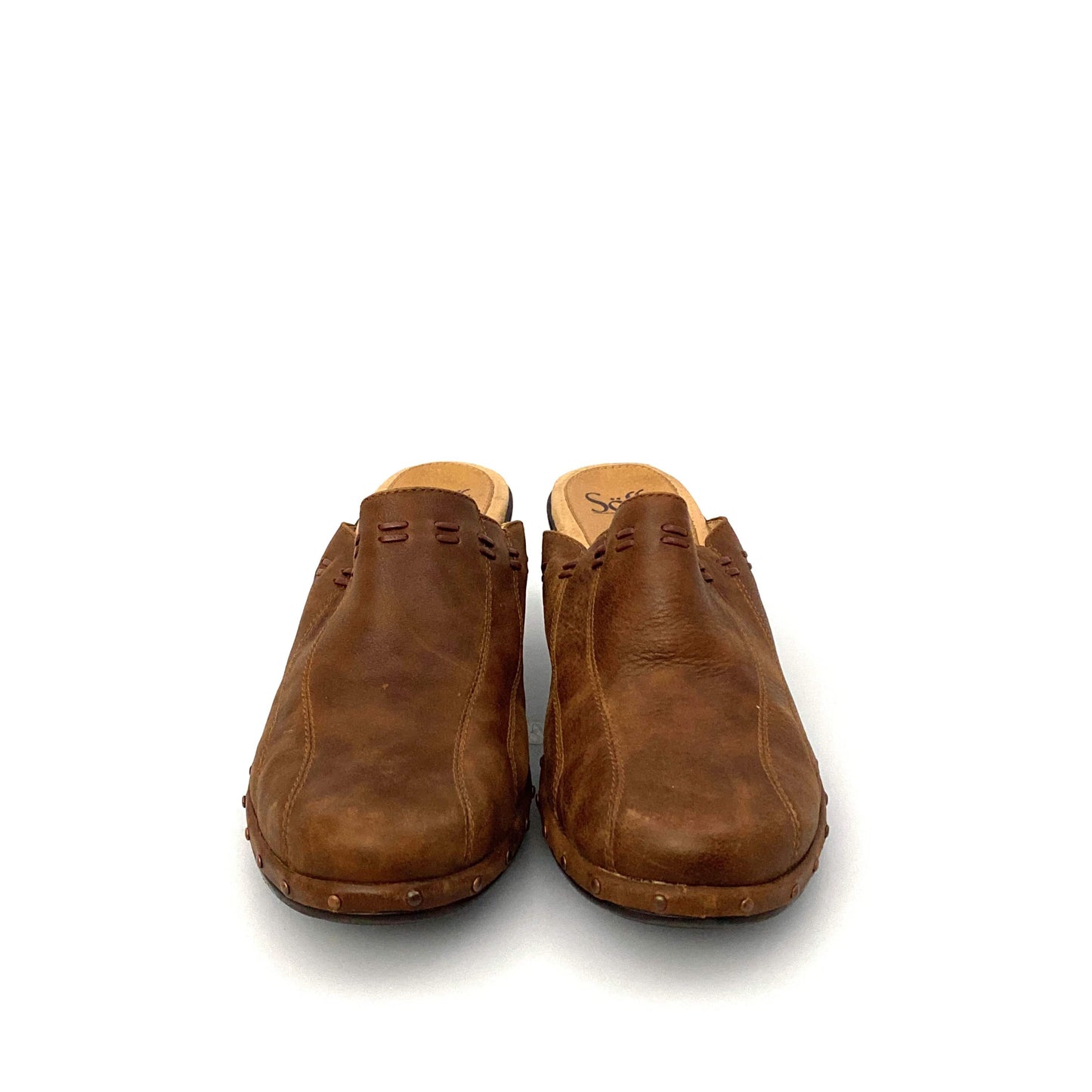 Sofft Womens Size 9M Brown Mules Shoes Leather Stitched Heeled