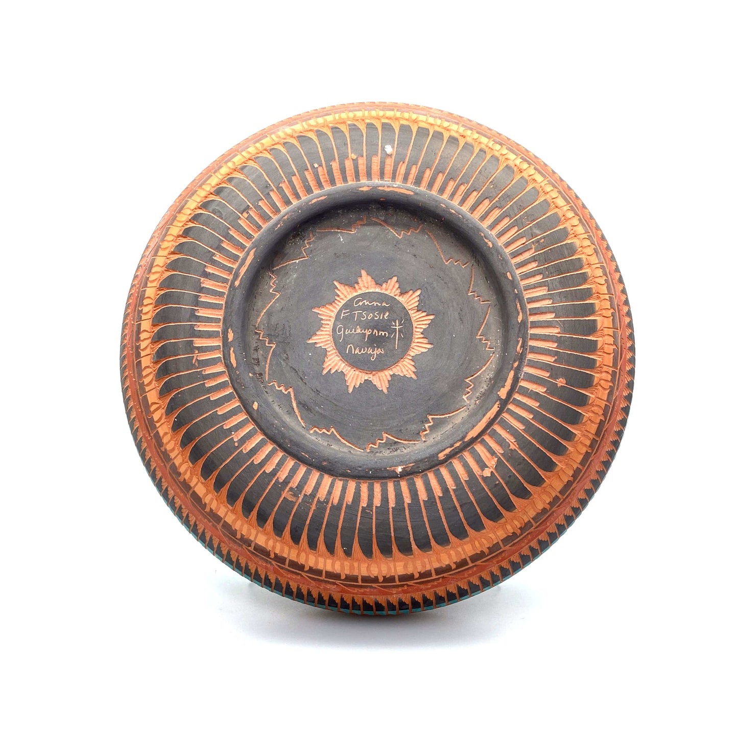Navajo Pottery by Anna Tsosie Water Bowl Scalloped Top Terra Cotta Hand Etched 9”