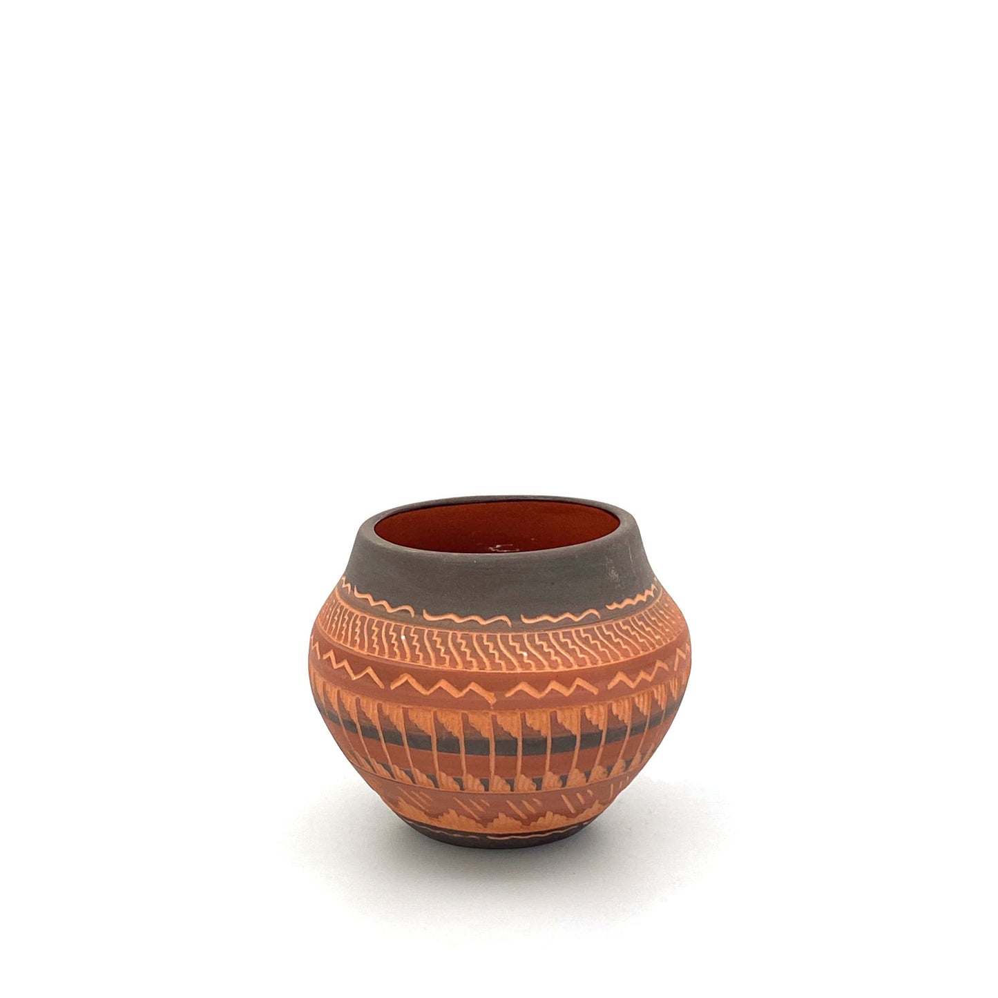 Navajo Pottery by Anna Tsosie Terra Cotta Hand Etched Small Pot 3” Orange Brown
