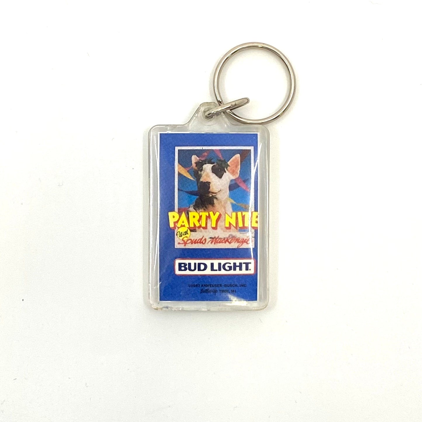 Vintage 1987 “Party Nite Spuds Mackenzie Bud Light” Clear Acrylic Keychain