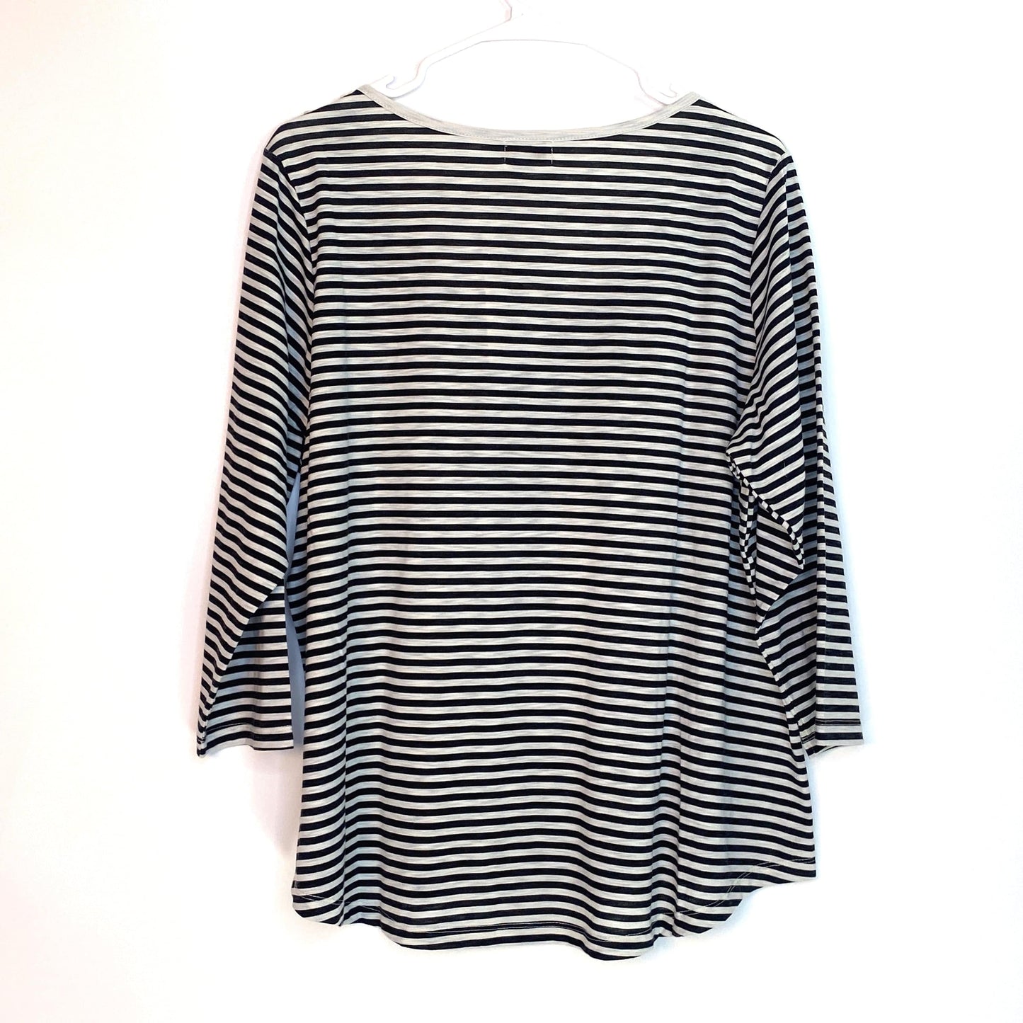 Melrose Chic Women's Black and White Stripe Crocheted Collar Blouse - Size 1X