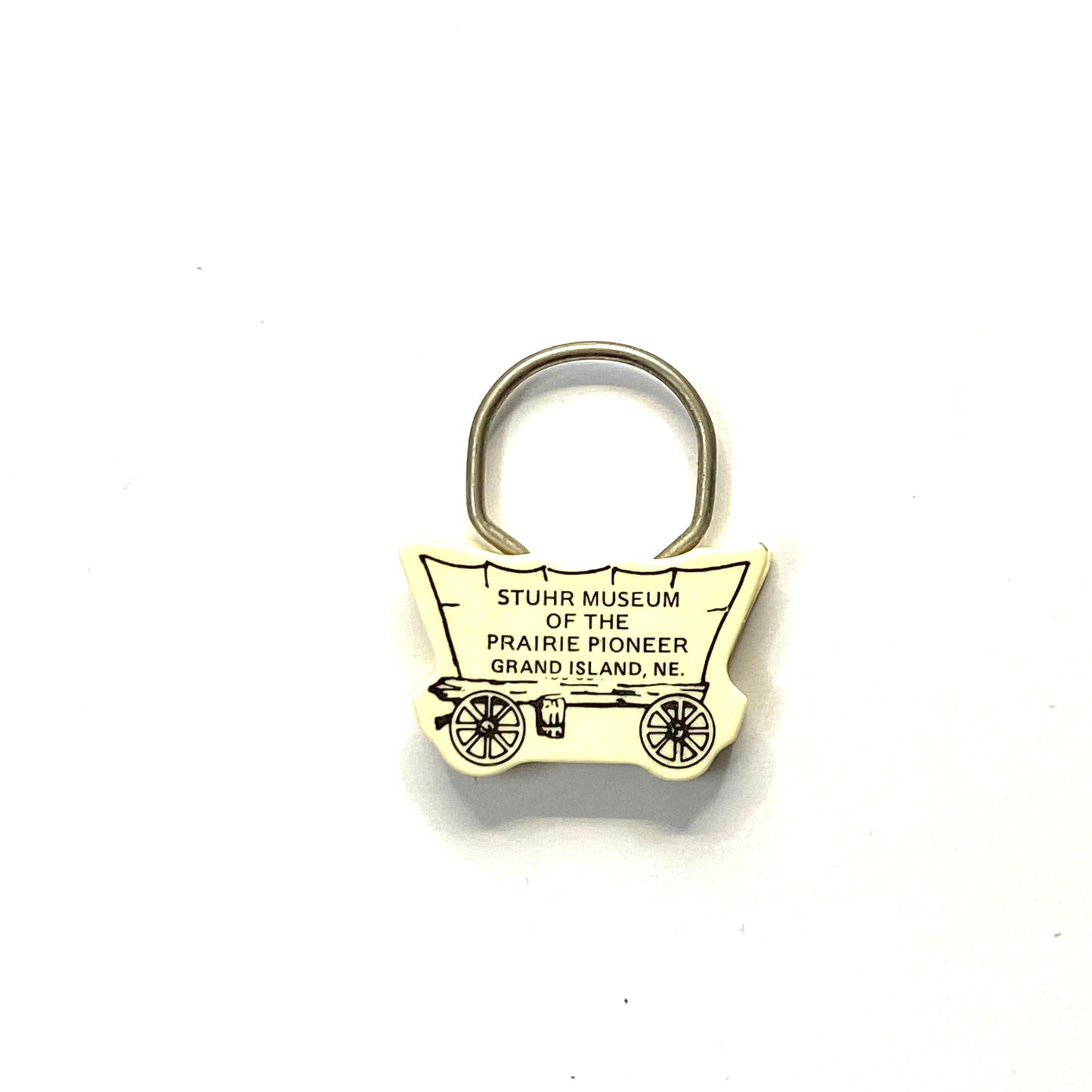 Vintage Grand Island, Nebraska Stuhr Museum of the Prairie Pioneer Travel Souvenir Keychain Key Ring Stagecoach Wagon White Plastic