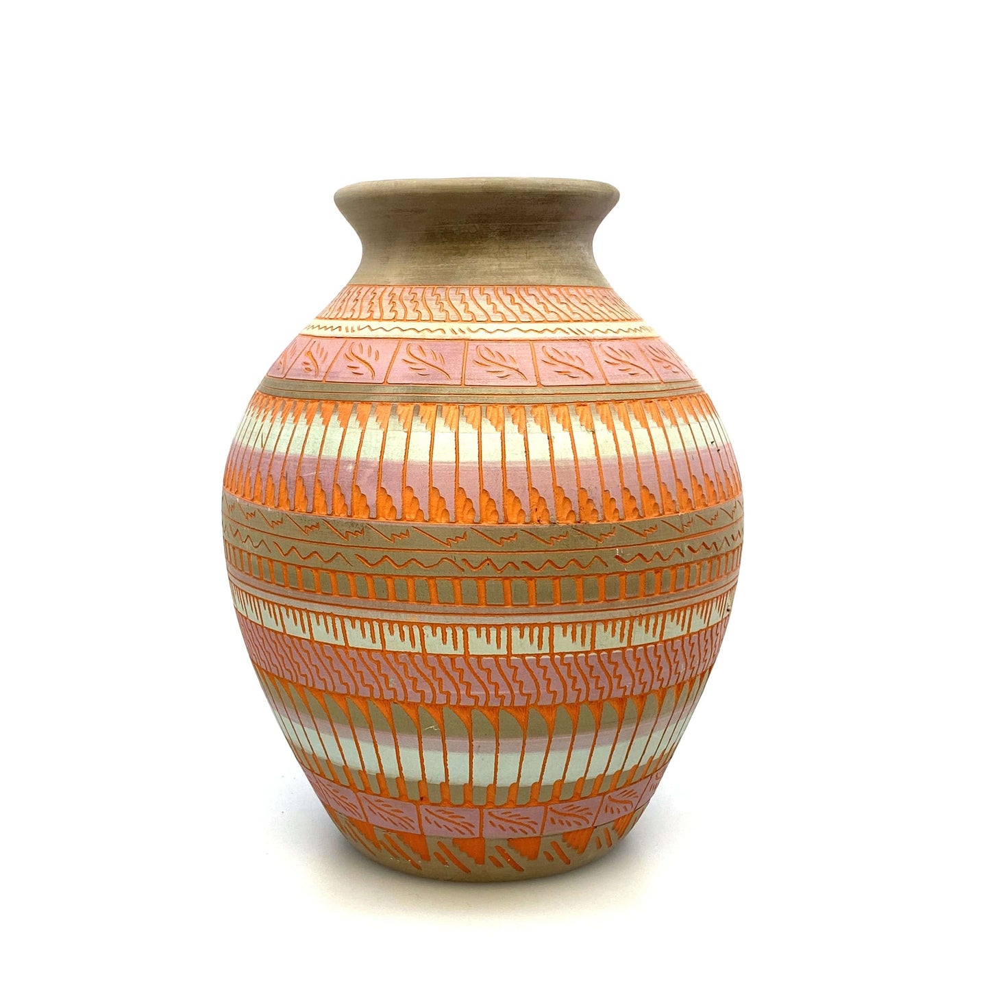 Navajo Pottery Vase Anna Tsosie Signed Terra Cotta Hand Etched 9” Pink Orange