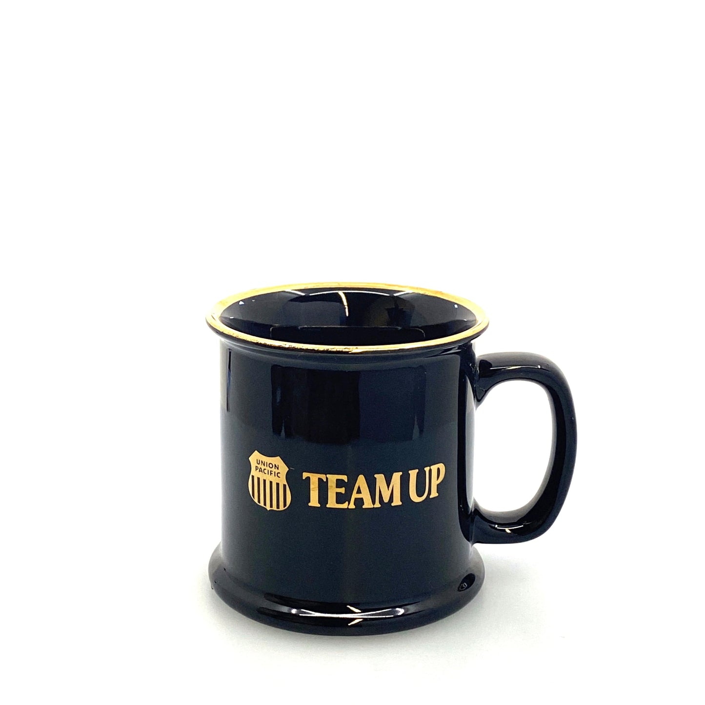 Union Pacific Railroad “Team Up” Employee Goldtone Blue Ceramic Coffee Cup 12 Fl Oz
