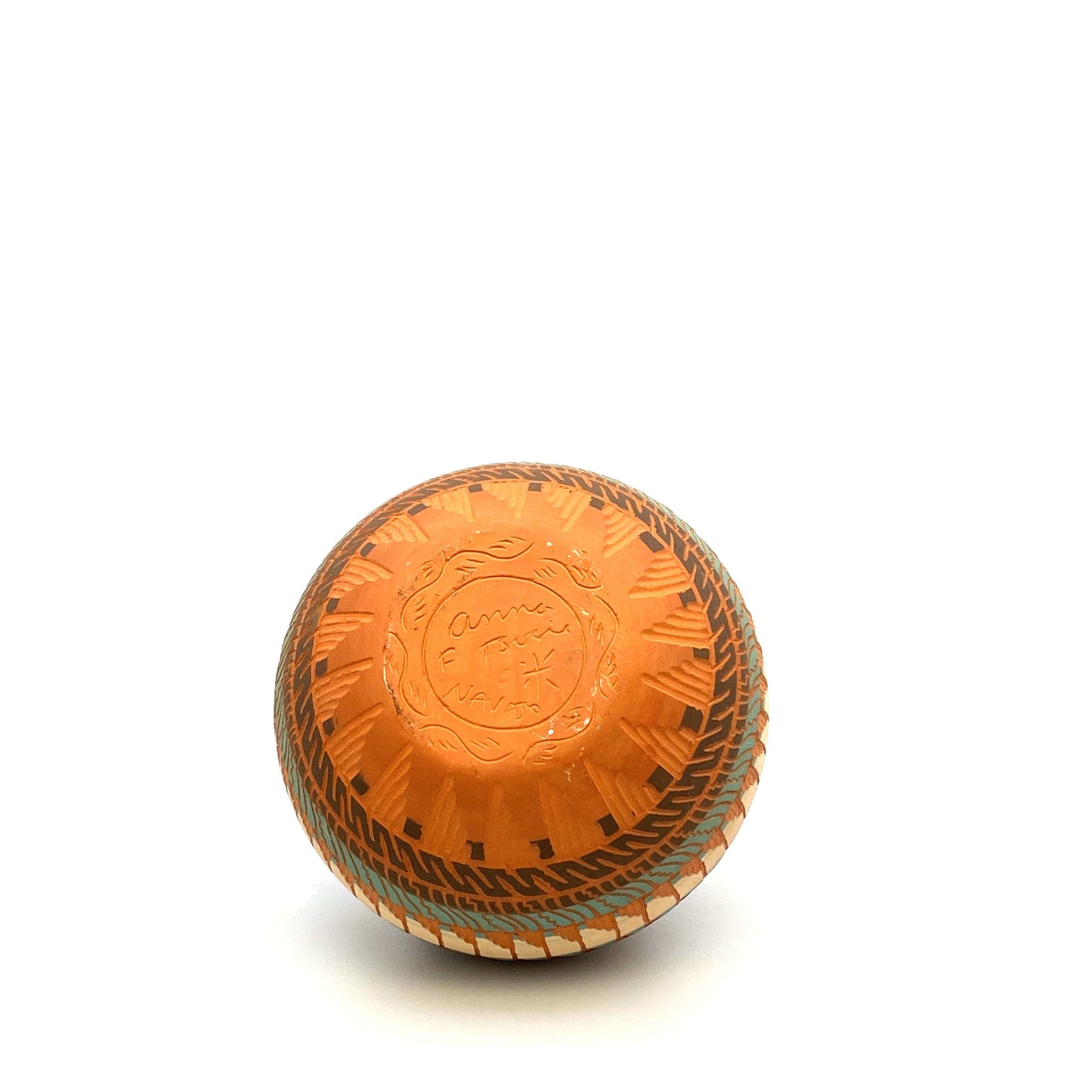 Navajo Pottery by Anna Tsosie Terra Cotta Hand Etched Seed Pot 5” Orange Blue Brown