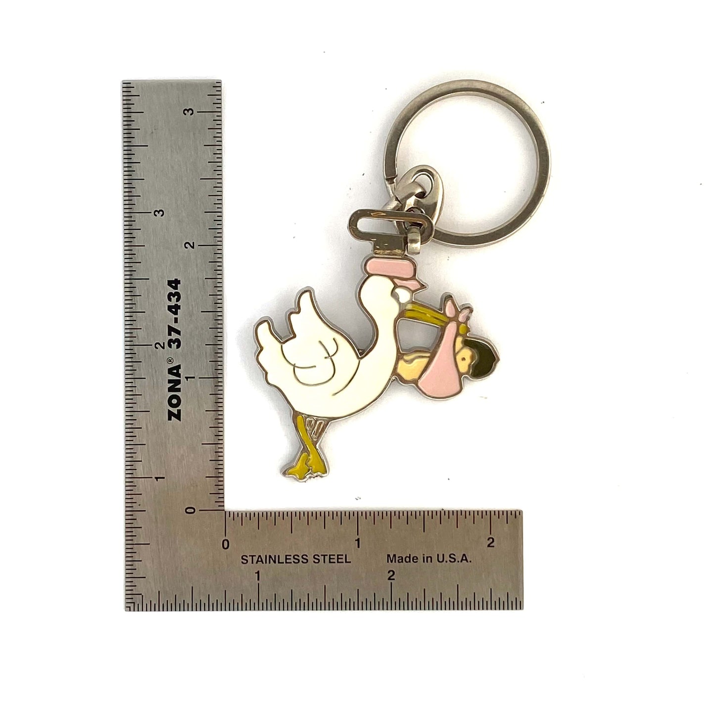 Stork & Baby White Pink Metal Enamel Keychain Key Ring Metal Multicolor Charm