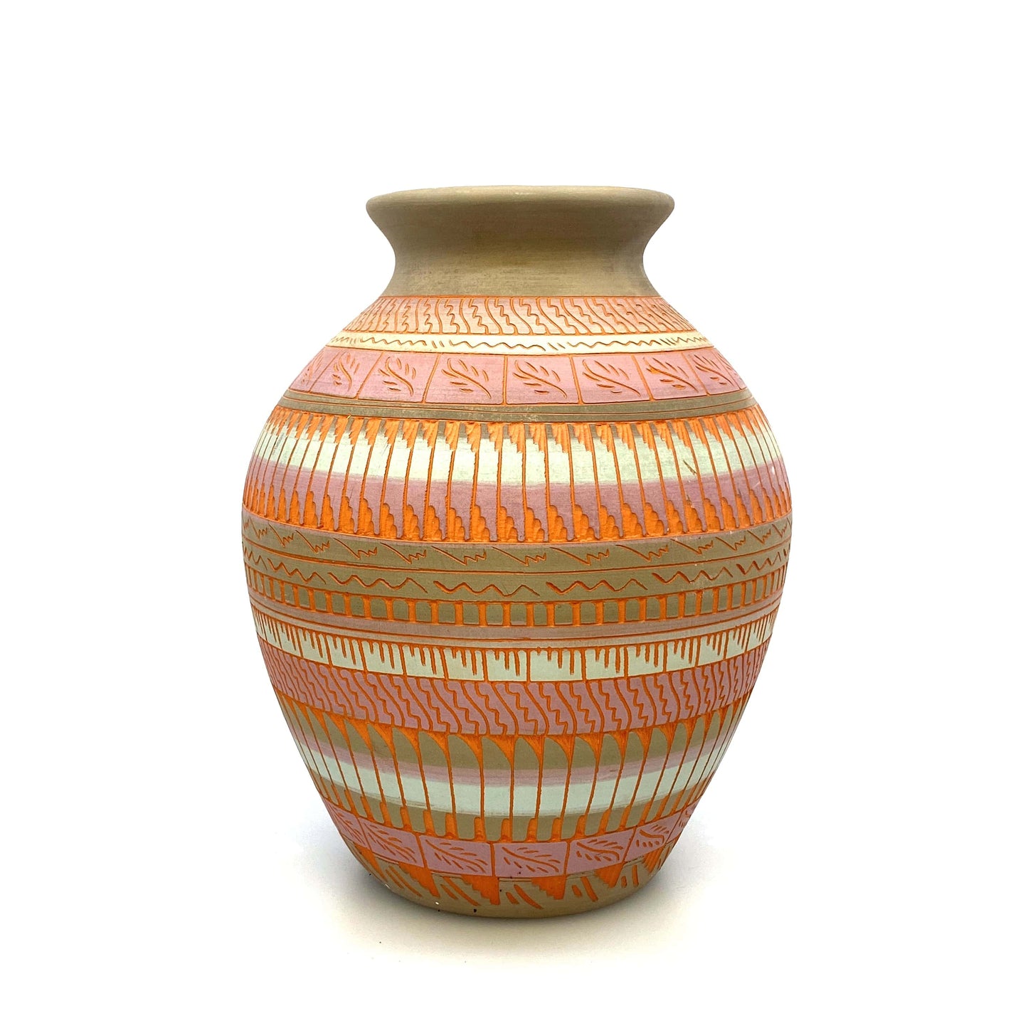 Navajo Pottery Vase Anna Tsosie Signed Terra Cotta Hand Etched 9” Pink Orange
