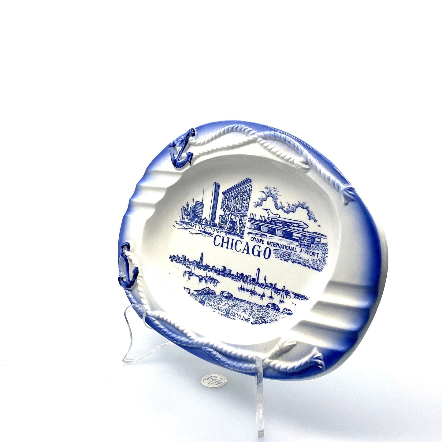 Vintage Chicago Skyline Porcelain Ashtray Travel Souvenir Collectible 6” Blue White