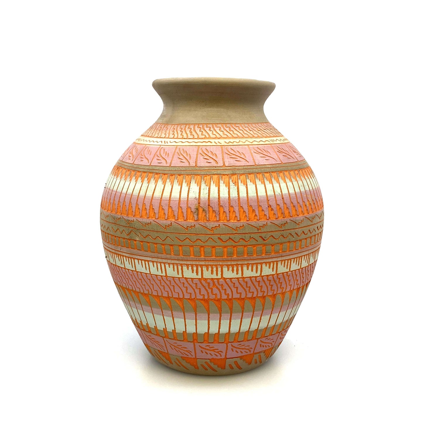 Navajo Pottery Vase Anna Tsosie Signed Terra Cotta Hand Etched 9” Pink Orange