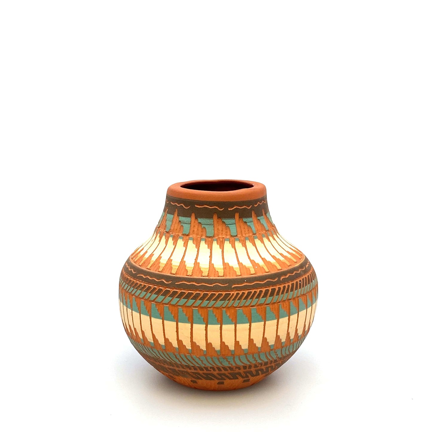 Navajo Pottery by Anna Tsosie Terra Cotta Hand Etched Seed Pot 5” Orange Blue Brown