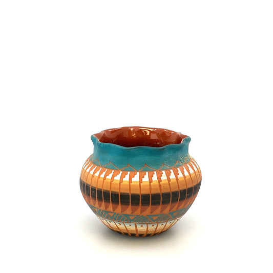 Navajo Pottery by Anna Tsosie Terra Cotta Hand Etched Small Pot 3.5” Blue Orange Brown