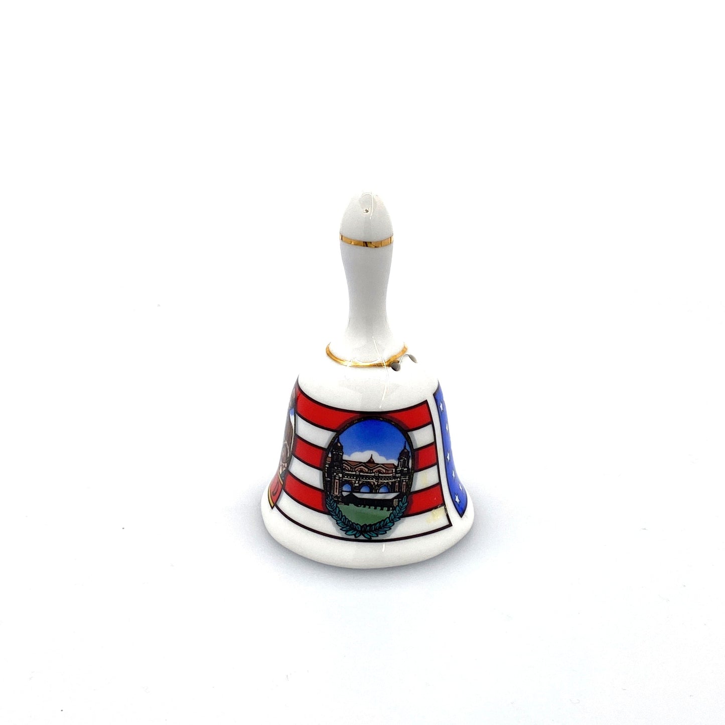 Vintage Hand Bell Travel Tourism Collectible White Porcelain - ELLIS ISLAND
