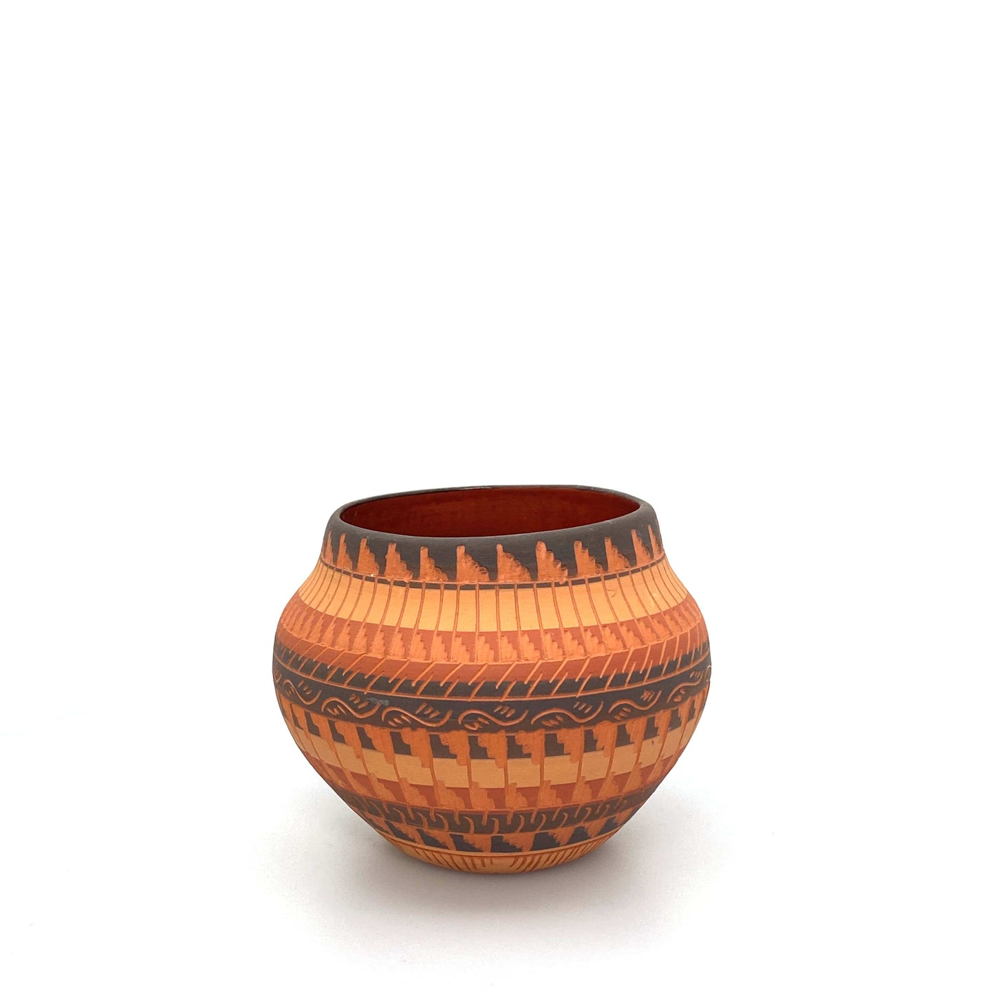 Navajo Pottery by Anna Tsosie Terra Cotta Hand Etched Small Pot 4.5” Orange Brown