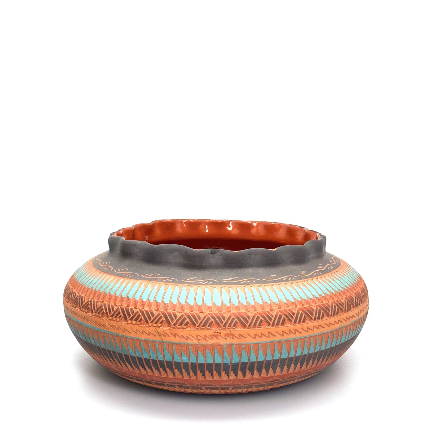 Navajo Pottery by Anna Tsosie Water Bowl Scalloped Top Terra Cotta Hand Etched 9”