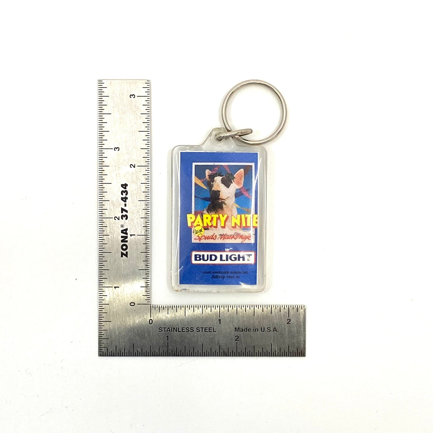 Vintage 1987 “Party Nite Spuds Mackenzie Bud Light” Clear Acrylic Keychain