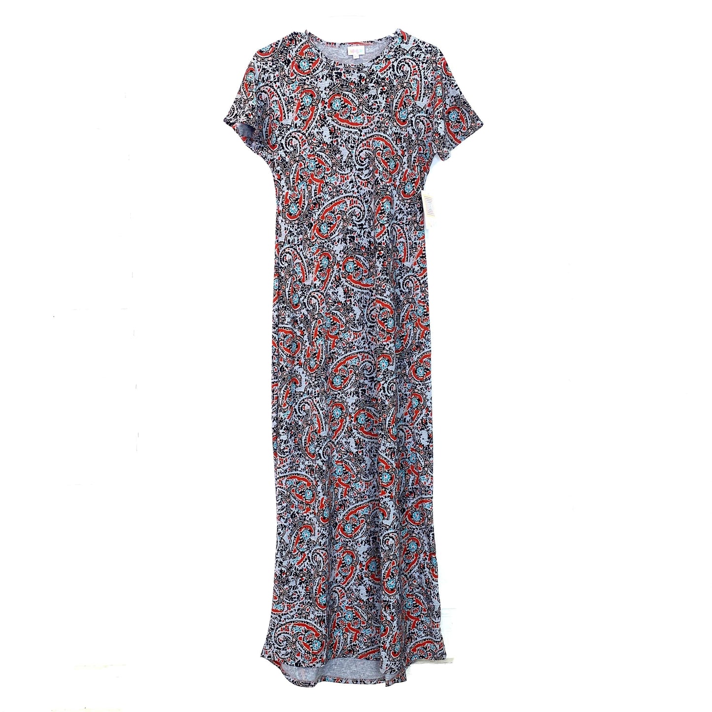 LuLaRoe Womens Maria Maxi Dress | XS (2-4) | Gray Paisley Print | Orange/Black/Teal Accents | NWT