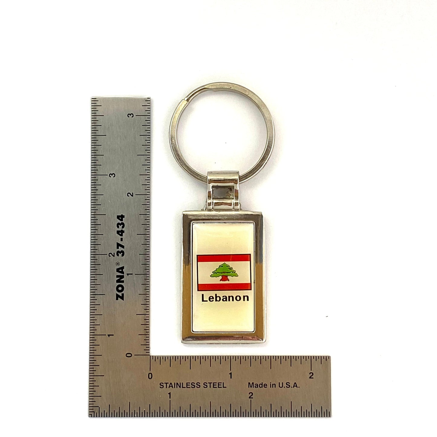 Vintage Lebanon Flag Silvertone Enamel Souvenir Keychain Key Ring Metal Charm