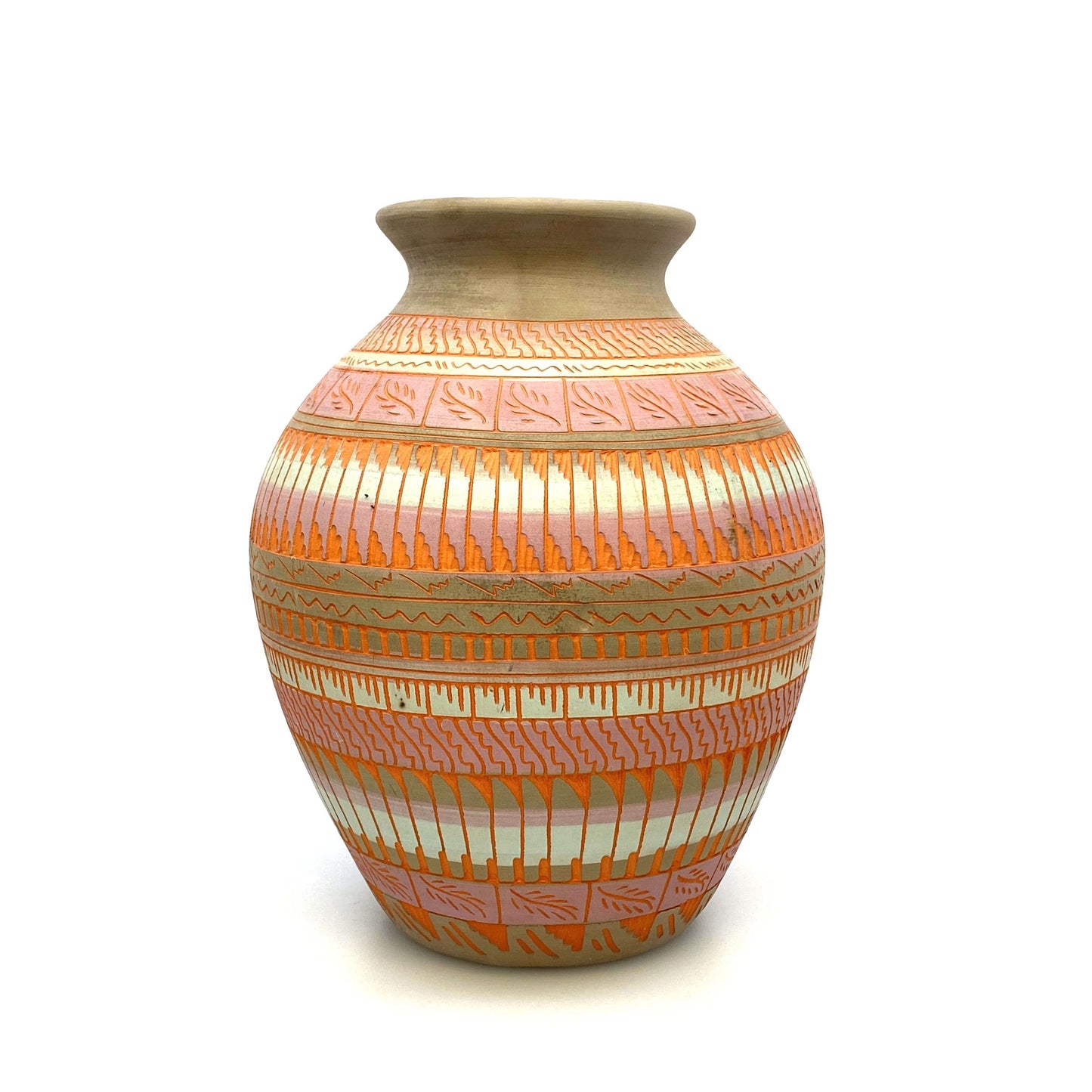 Navajo Pottery Vase Anna Tsosie Signed Terra Cotta Hand Etched 9” Pink Orange