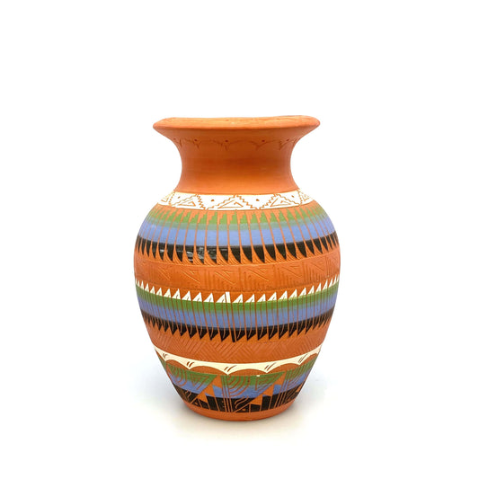 Navajo Pottery Vase Anna Tsosie Signed Terra Cotta Hand Etched 8” Orange Blue