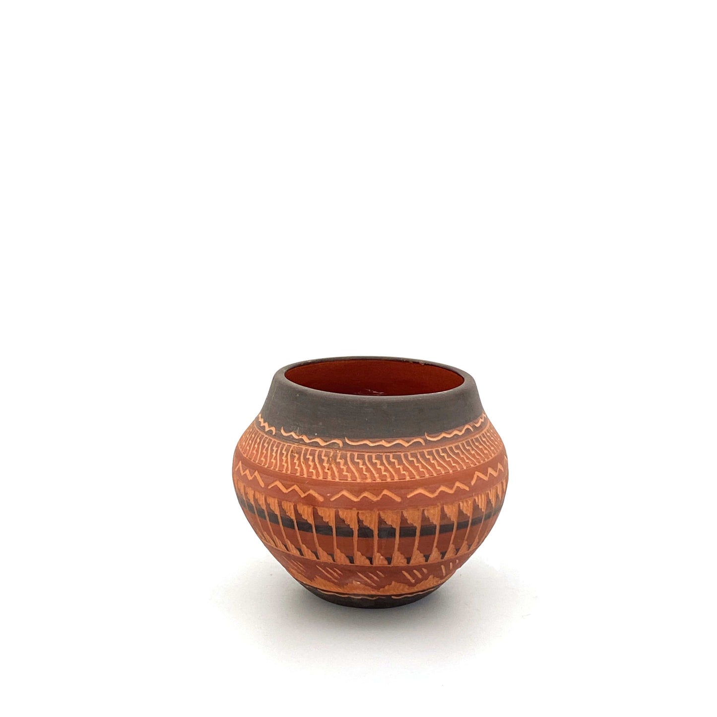 Navajo Pottery by Anna Tsosie Terra Cotta Hand Etched Small Pot 3” Orange Brown