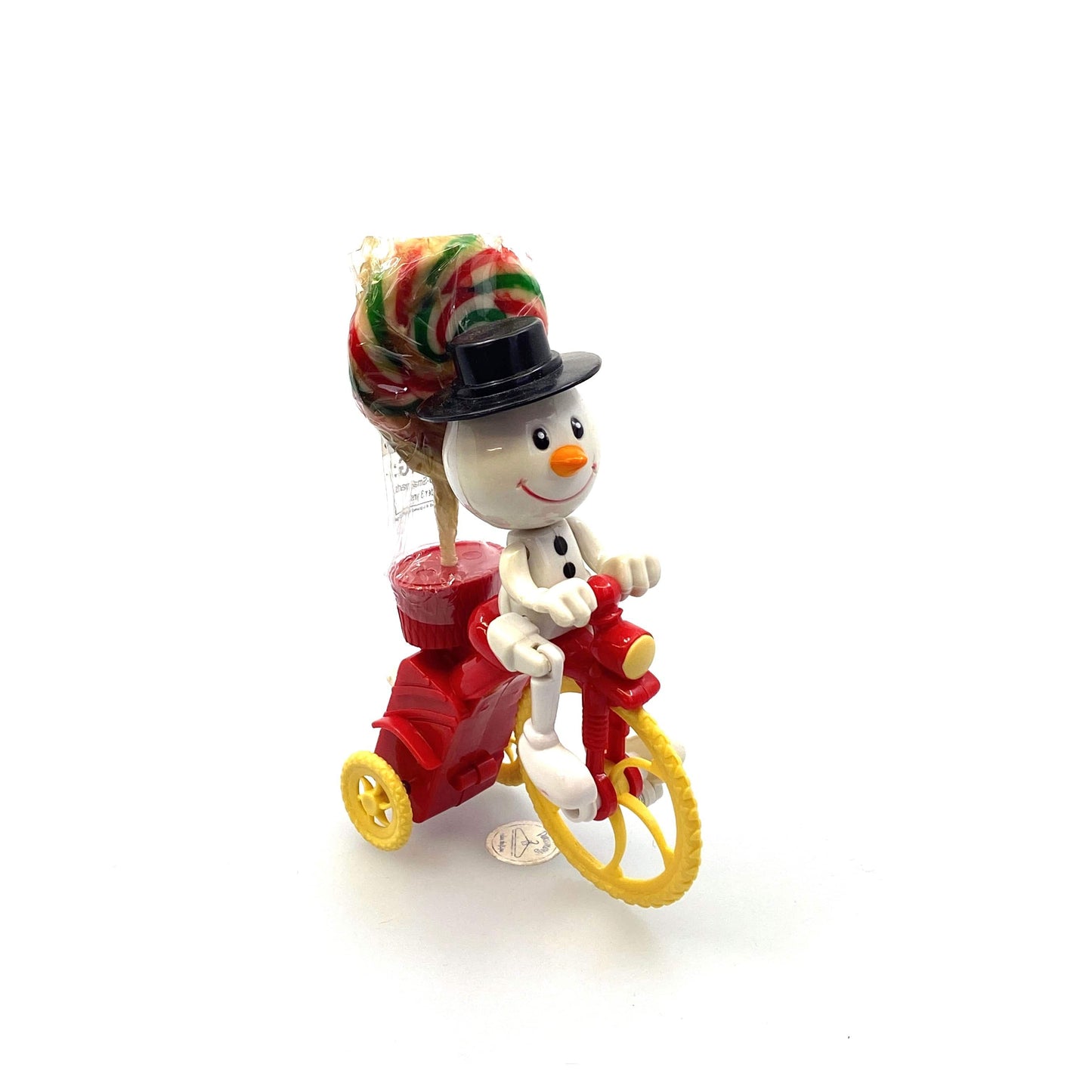 Vintage Stocking Stuffer Christmas Toy Wind-Up Snowman on Bicycle w/Candy*
