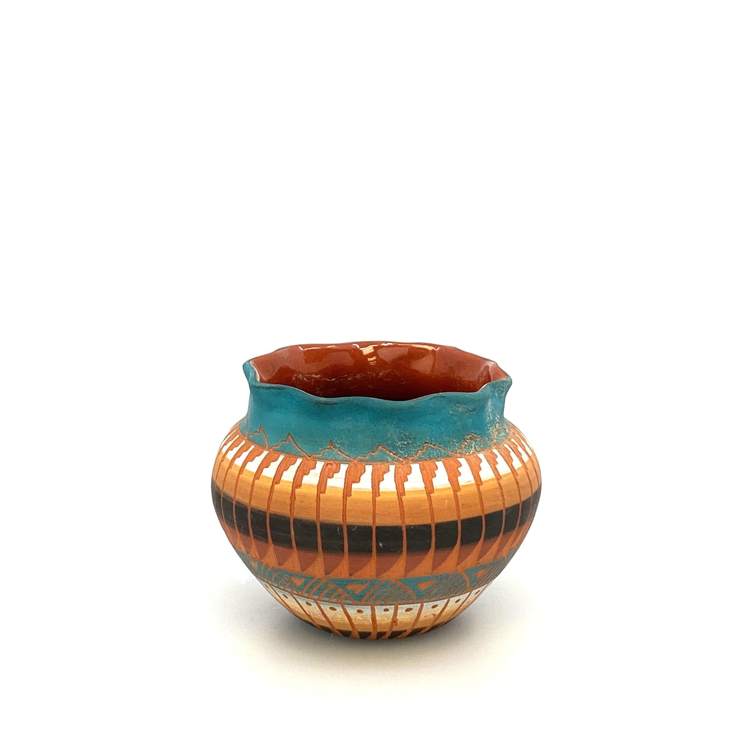 Navajo Pottery by Anna Tsosie Terra Cotta Hand Etched Small Pot 3.5” Blue Orange Brown