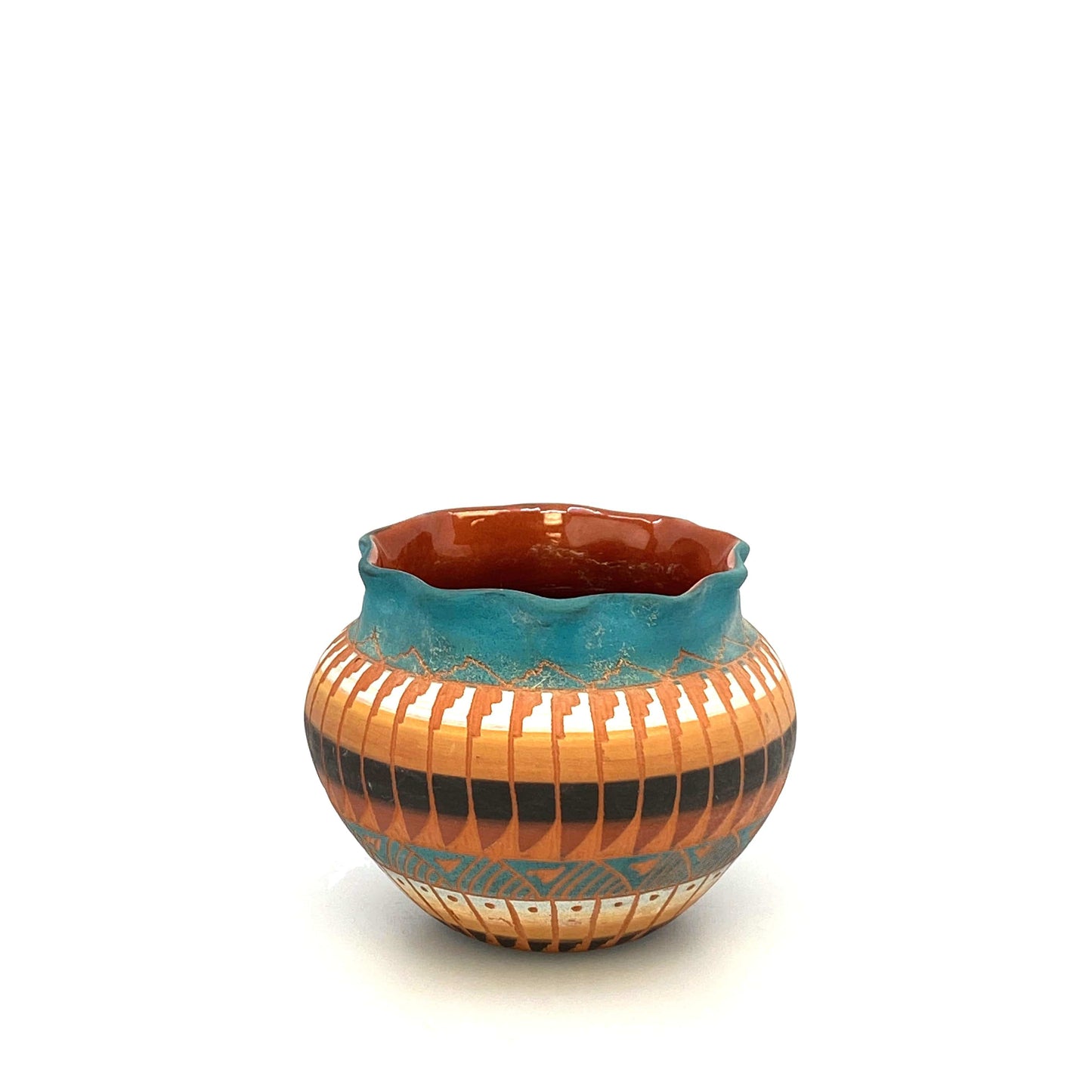 Navajo Pottery by Anna Tsosie Terra Cotta Hand Etched Small Pot 3.5” Blue Orange Brown