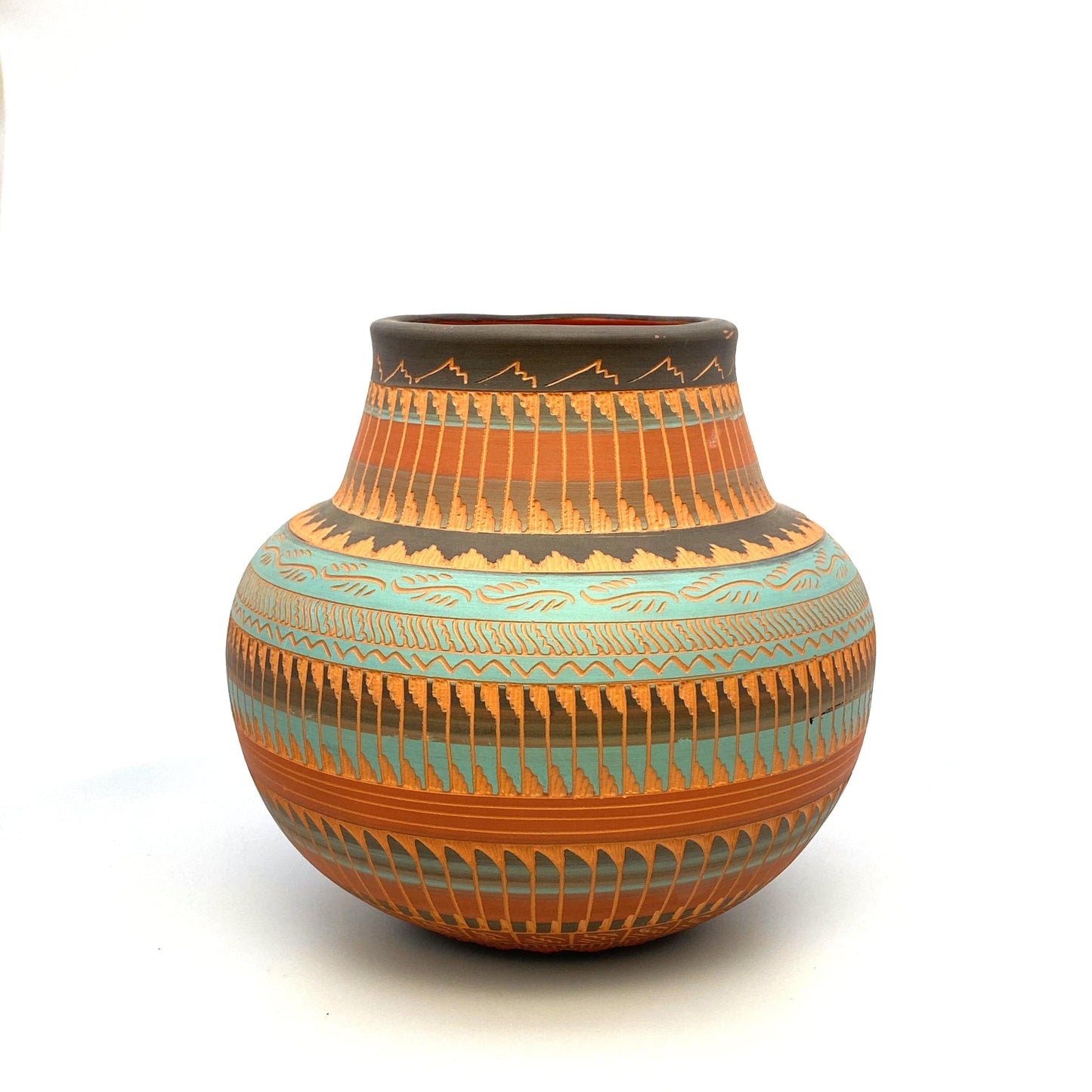 Navajo Pottery Vase | Hand-Etched & Painted Anna Tsosie Signed | Turquoise and Terracotta Tones | 7” | Vintage EUC