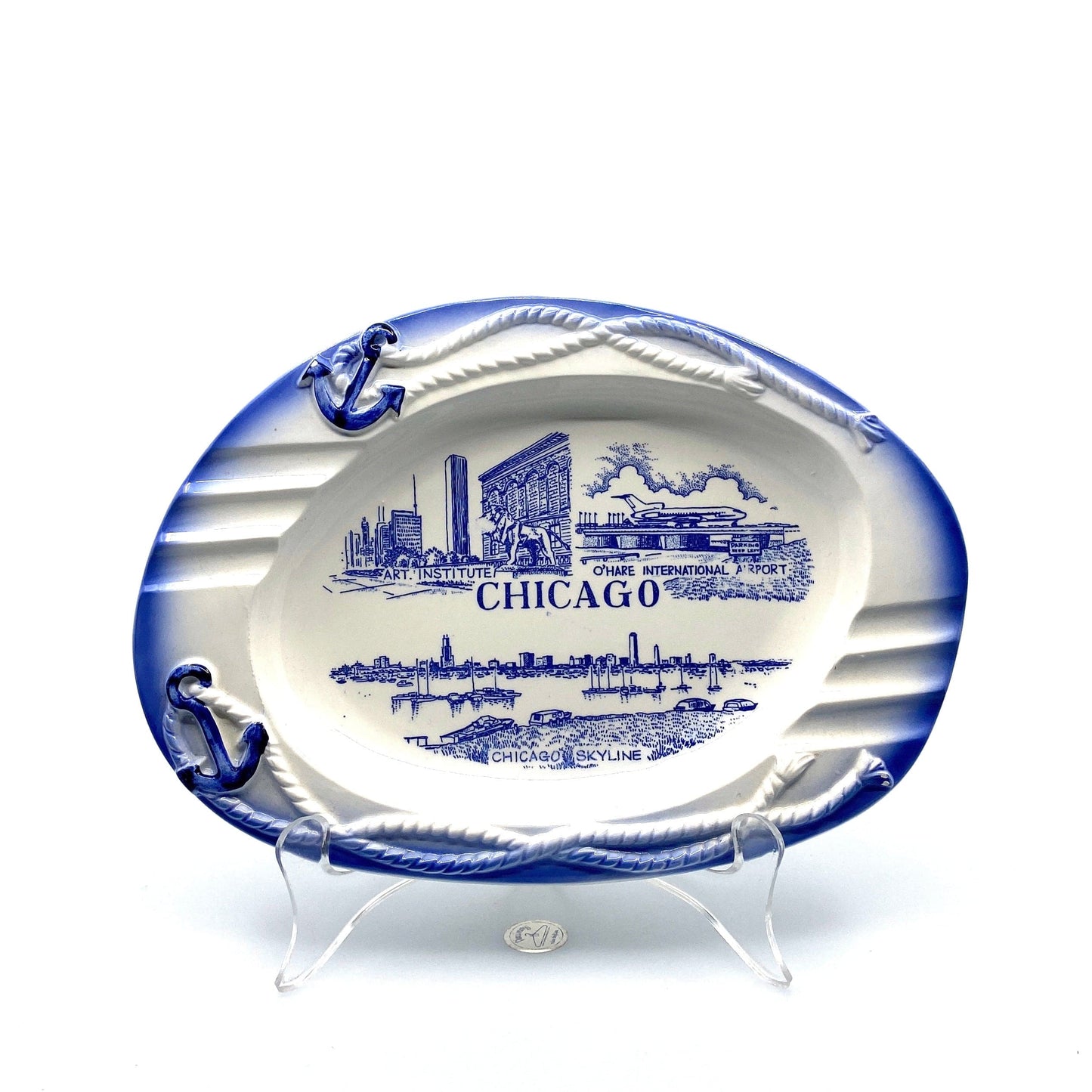 Vintage Chicago Skyline Porcelain Ashtray Travel Souvenir Collectible 6” Blue White