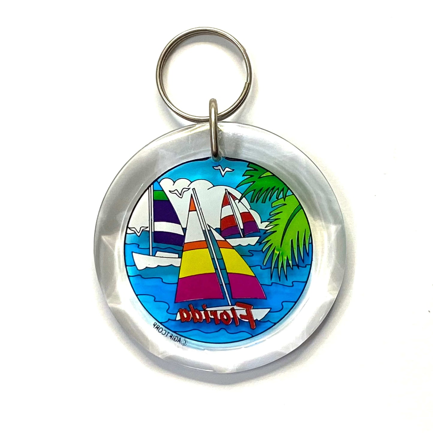 Vintage Florida Travel Souvenir Keychain Key Ring Round Clear Acrylic