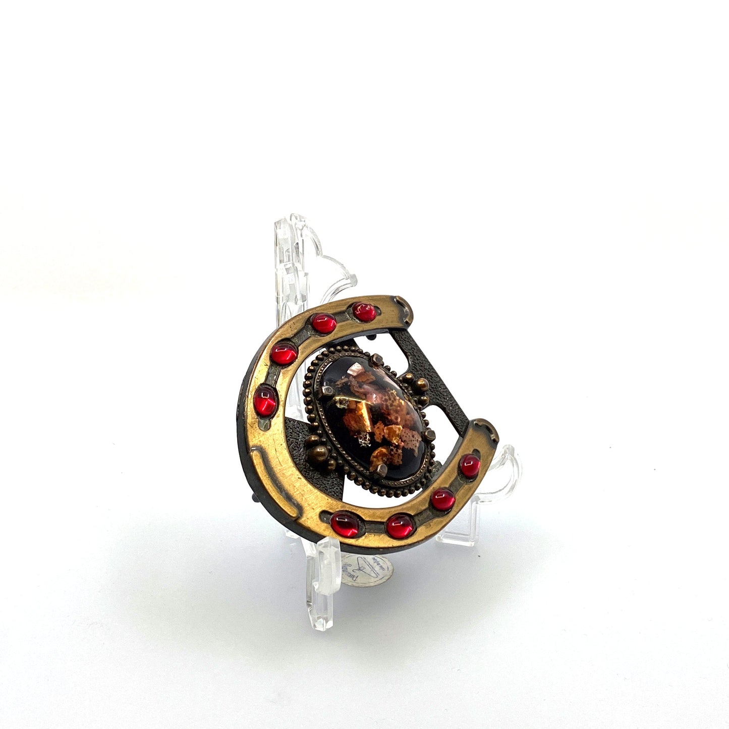 Lucky Horseshoe Womens Fashion Brass Belt Buckle 3” Red Gemstones