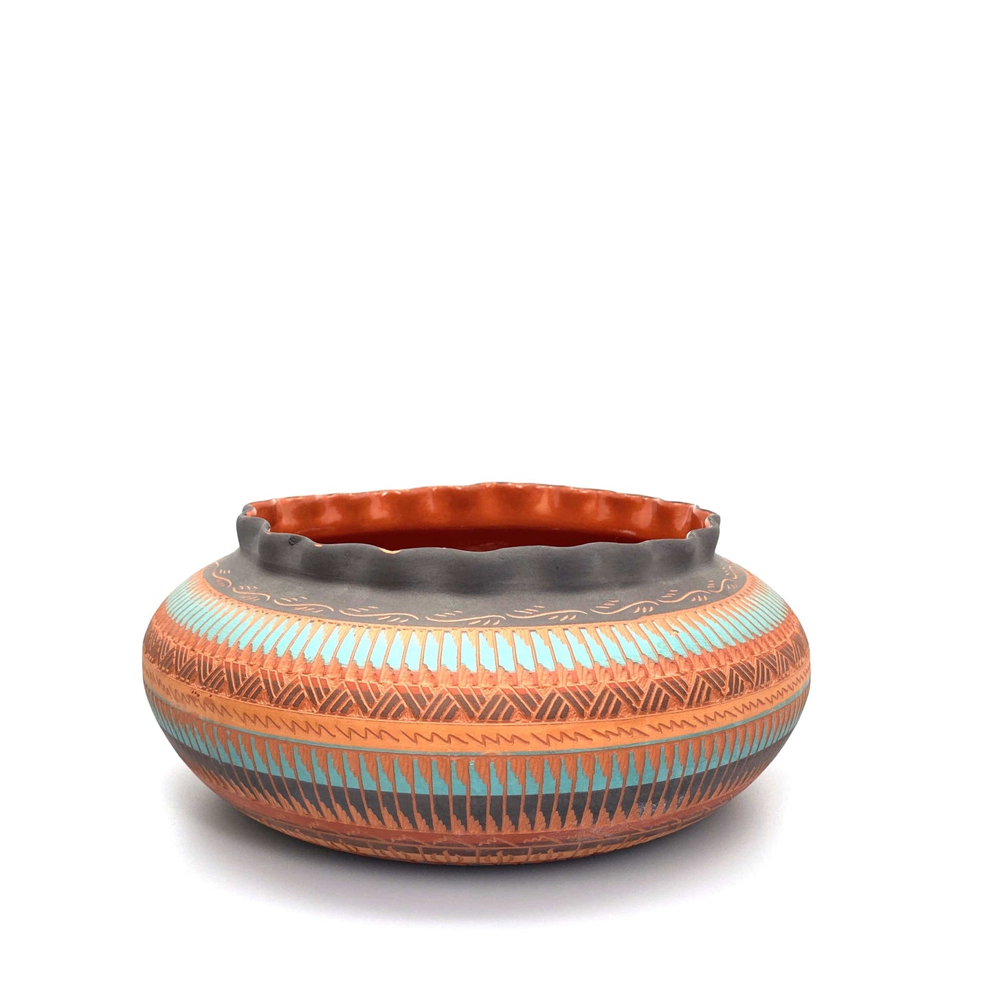 Navajo Pottery by Anna Tsosie Water Bowl Scalloped Top Terra Cotta Hand Etched 9”