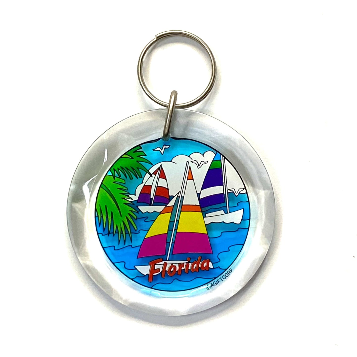 Vintage Florida Travel Souvenir Keychain Key Ring Round Clear Acrylic