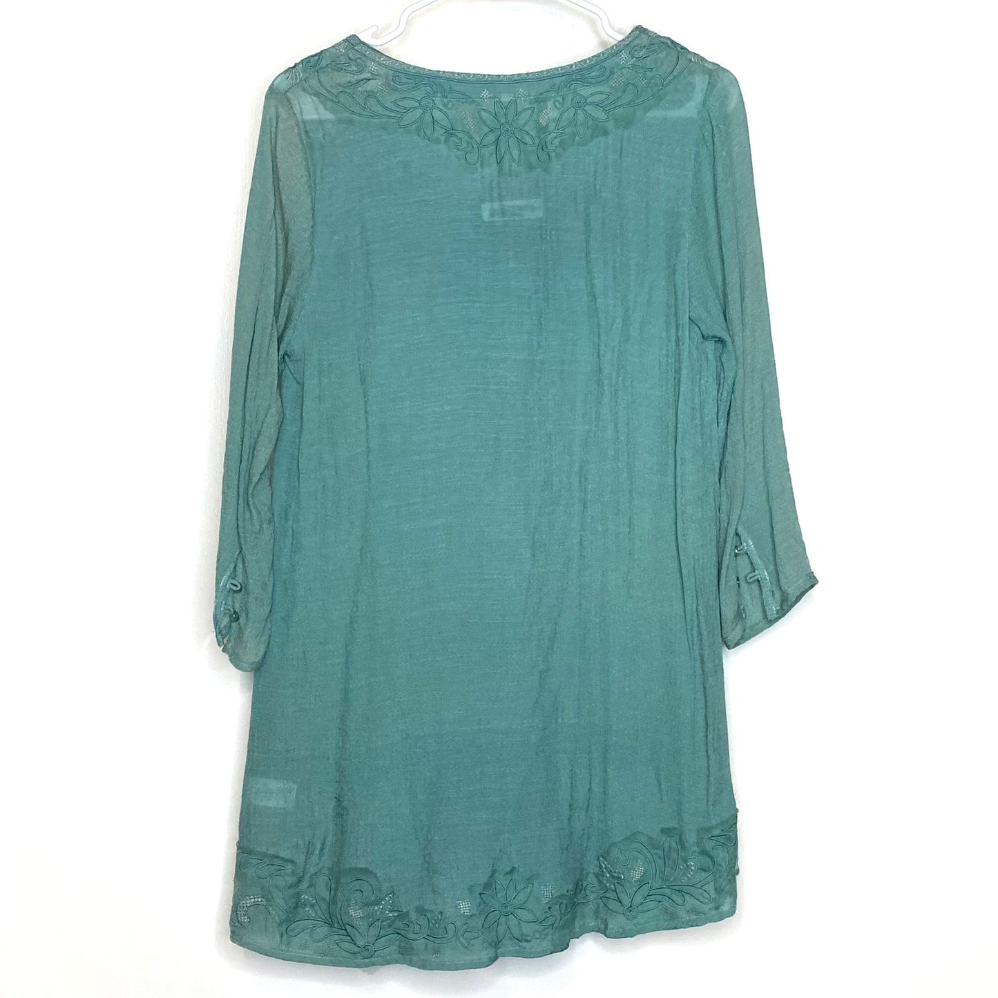 Monoreno Women's V-Neck Long Sleeve Blouse - Size M - Green Rayon-Linen Blend