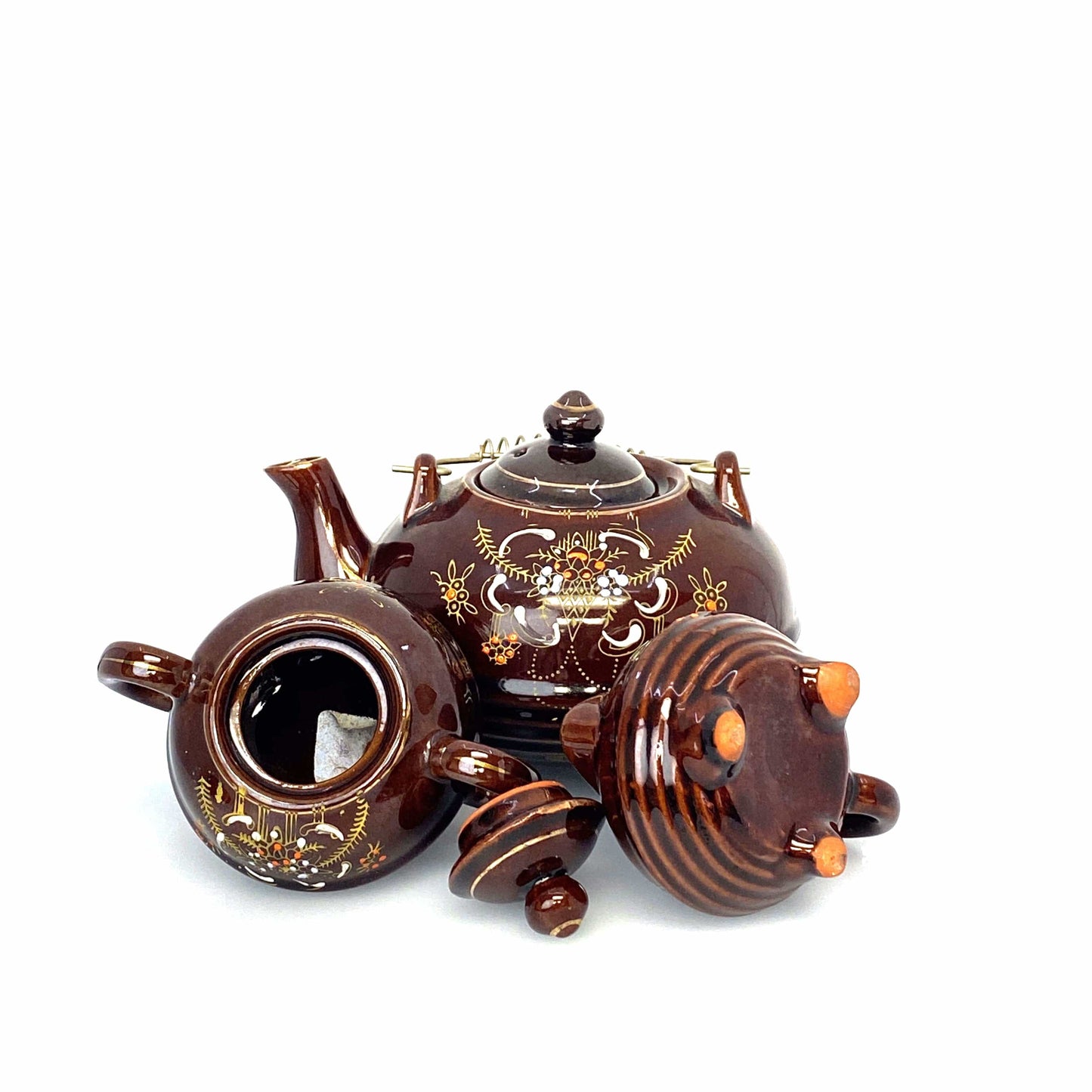 Redware Brown Betty | Moriage Tea Pot Cream Sugar Bowl Set Japan 1960’s | Vintage Hand-Painted