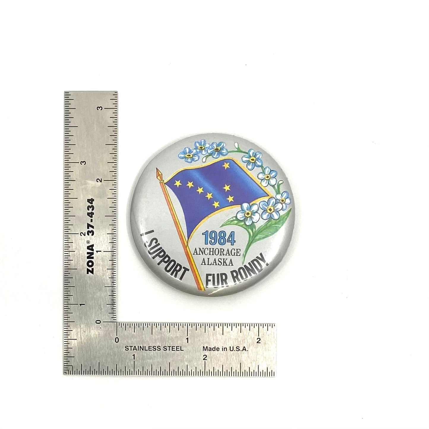 Vintage 1984 Anchorage Alaska Fur Rondy Pinback Button Winter Festival State Flag