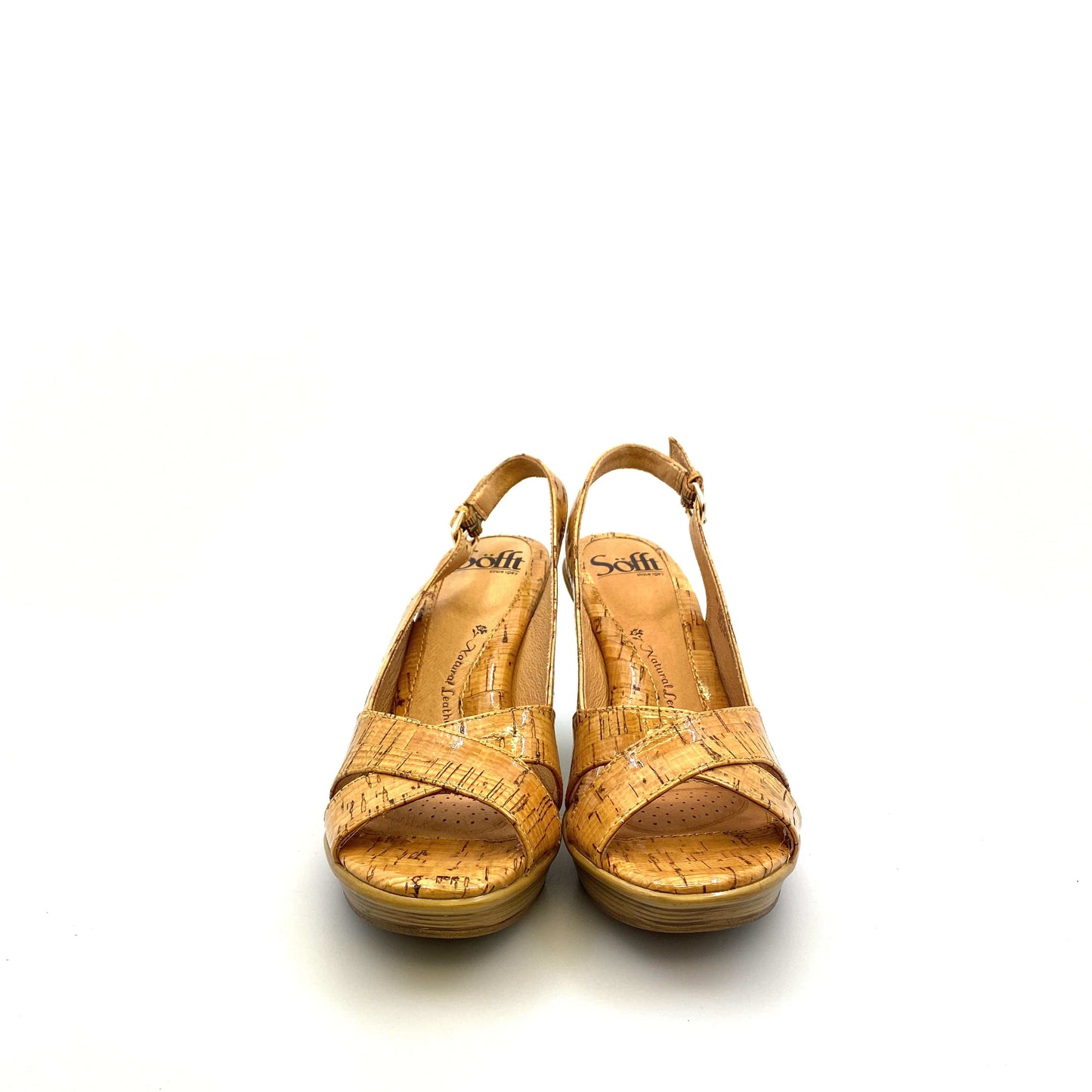 Sofft Womens “Portia” Size 6M Natural Laminated Cork Open-Toe Slingback Heels
