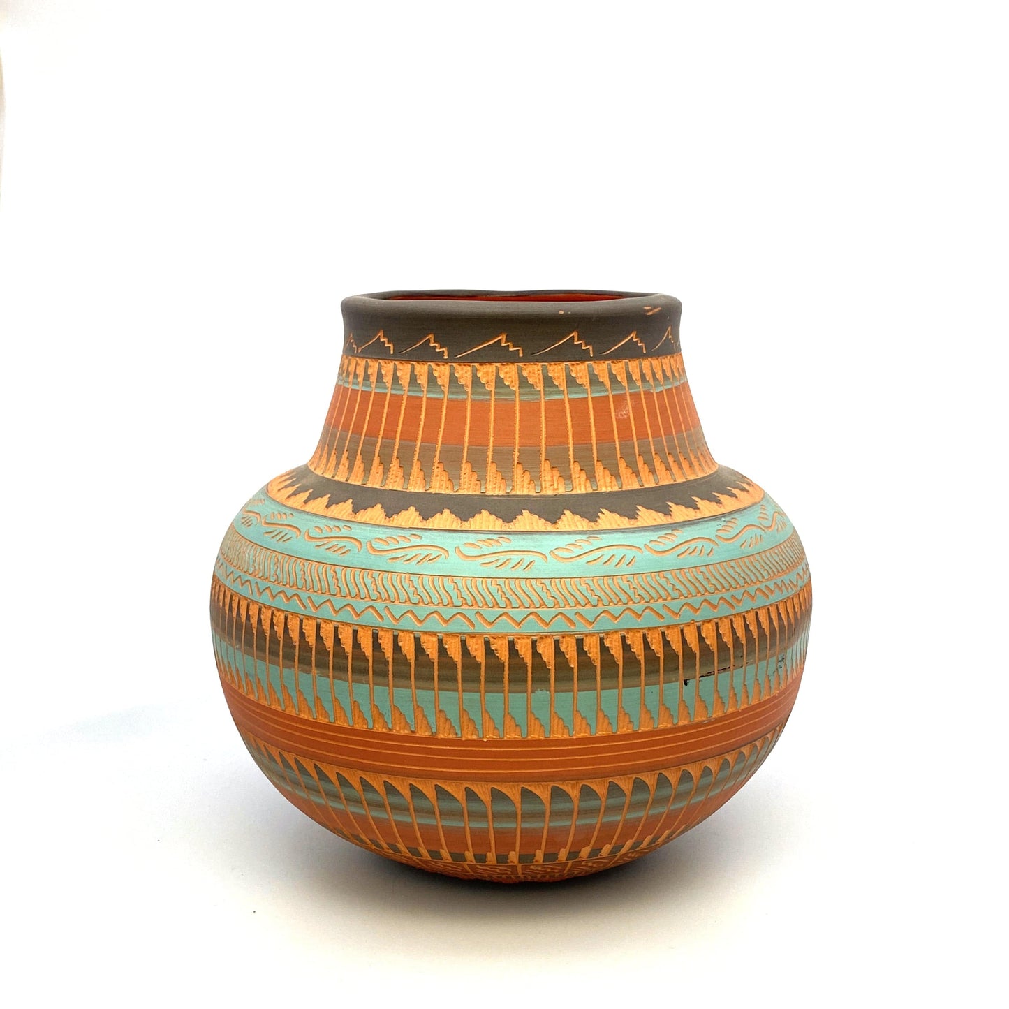 Navajo Pottery Vase | Hand-Etched & Painted Anna Tsosie Signed | Turquoise and Terracotta Tones | 7” | Vintage EUC