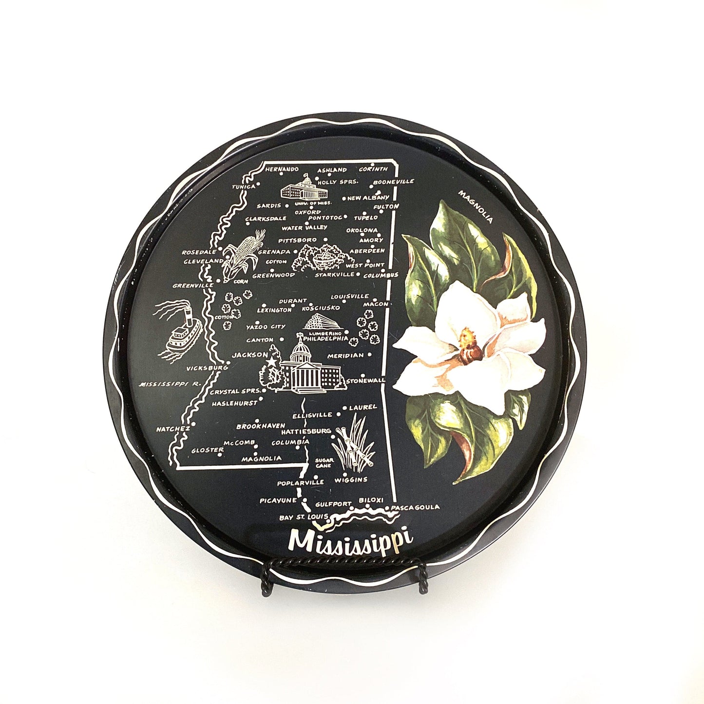 State of Mississippi Collectible Decorative Plate 11” Black Map Points of Interest