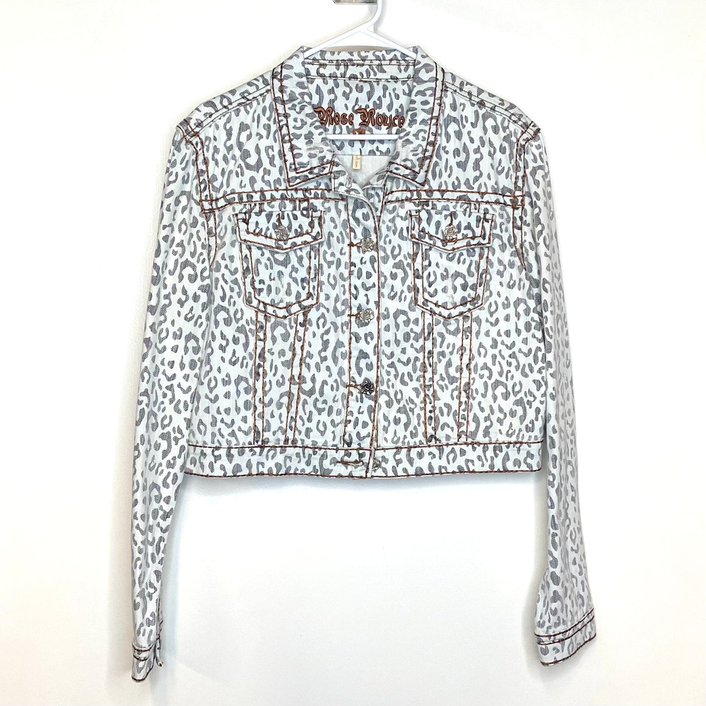 Rose Royce Womens Size XL White Gray Animal Print Denim Jean Jacket L/s