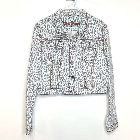 Rose Royce Womens Size XL White Gray Animal Print Denim Jean Jacket L/s