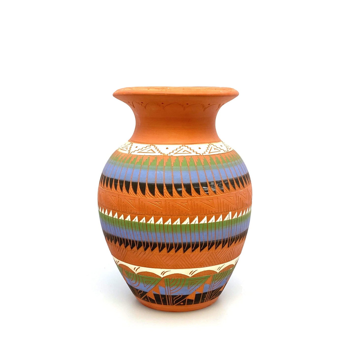 Navajo Pottery Vase Anna Tsosie Signed Terra Cotta Hand Etched 8” Orange Blue