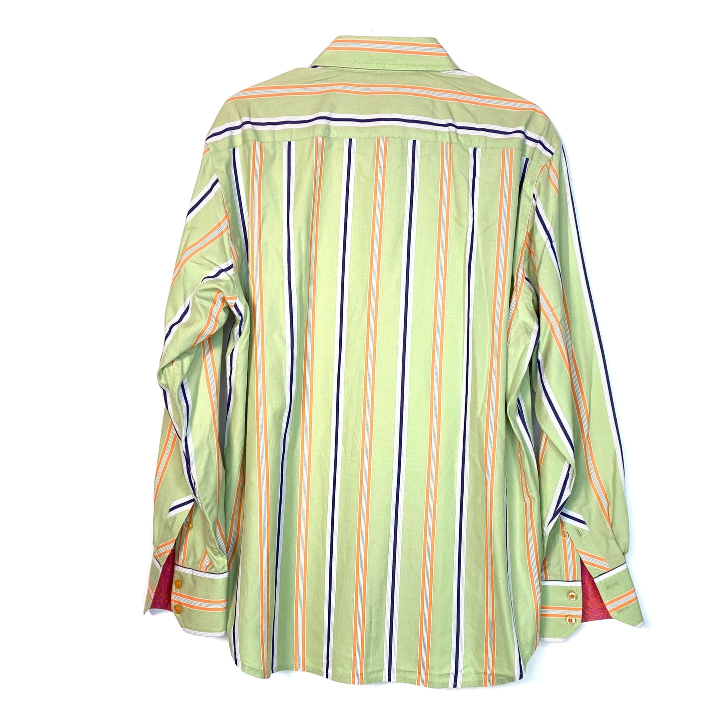 Robert Graham Men's Green Multi-Stripe Button-Up Shirt - 100% Cotton - Size L - Excellent Condition